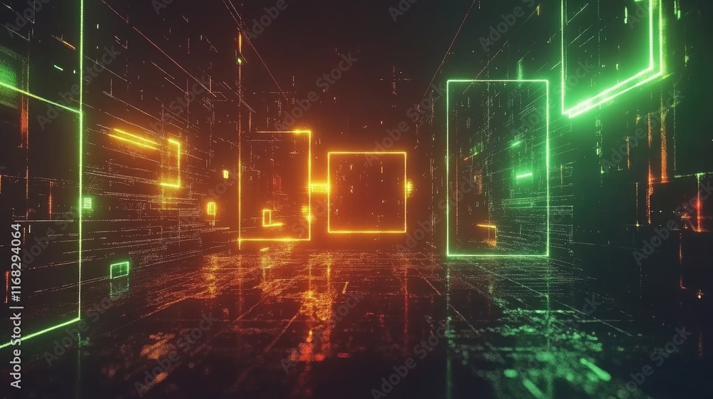 Poster high-tech ai background featuring glowing geometric frames over a dark gradient base.