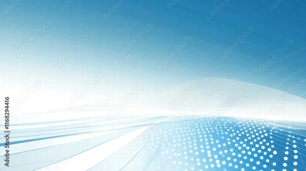 Poster Abstract blue gradient background with wave patterns and dotted design elements.