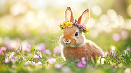 Obraz premium Adorable Bunny with a Flower Crown Sitting in a Sunlit Spring Meadow