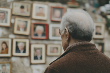 Fototapeta premium Elderly caucasian male observing wall of framed family photos