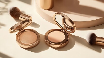 Flat lay of high-end beauty products with makeup brushes and compact powder for a beauty ad