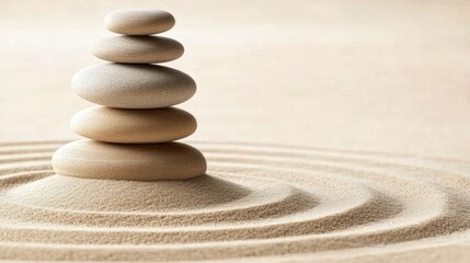 Minimalistic zen garden with concentric sand raking patterns around smooth, round stones, evoking calm and balance.