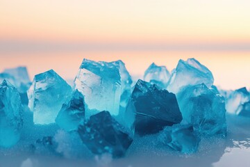 Obraz premium A cluster of vibrant blue crystals rests on a bed of sparkling granules against a soft, pastel sunset.