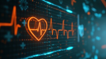 Close-up of a glowing heart icon on a digital screen. Online health services, Telemedicine, Innovation, Digital medical platform, World Heart Day