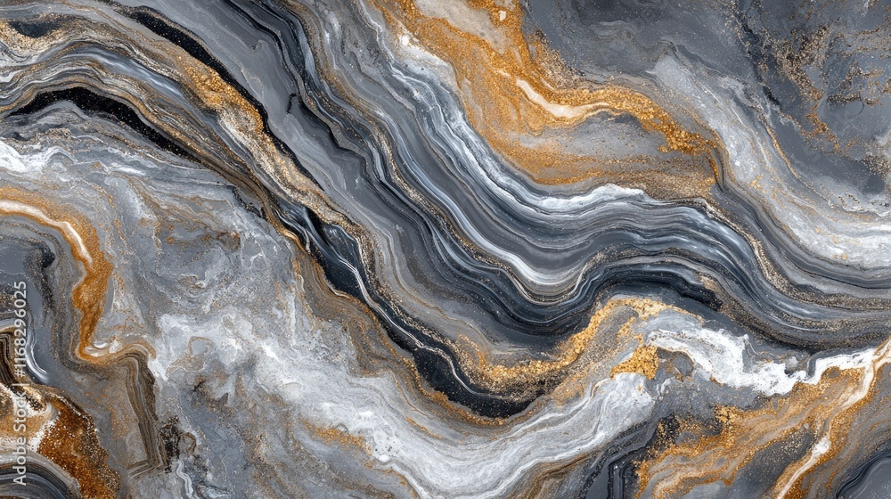 Poster reflective liquid metallic textures in dark silver and bronze with smooth flowing patterns.