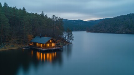 Lakeside Cabin at Dusk