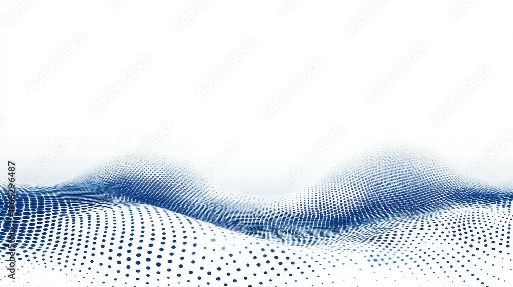 Poster abstract wave pattern with dots in blue tones on a white background.
