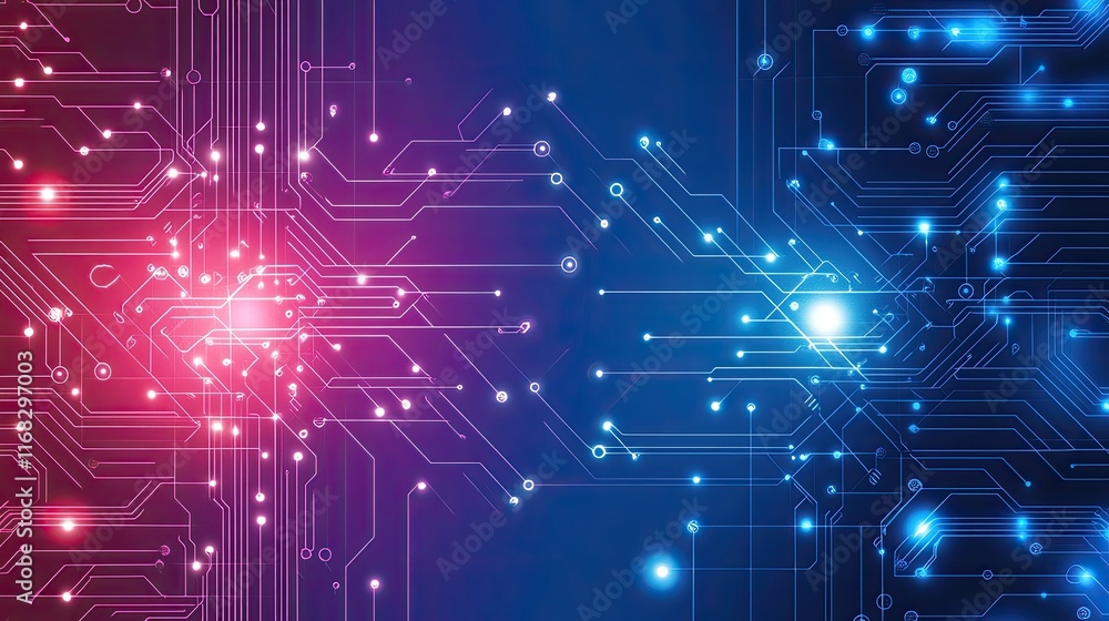 Poster smooth gradient blending blue, pink, and purple with subtle glowing ai circuitry patterns overlaying