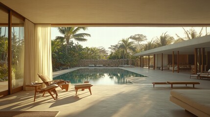 Fototapeta premium Modern Tropical Villa with Infinity Pool and Outdoor Lounge Area