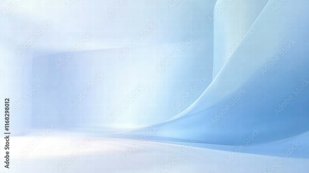 Poster a serene, abstract space with soft curves and a light blue color palette.
