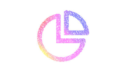 Icon chart pie is made up of LED square shapes. There are bright diodes and there are black dead diodes