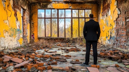 Businessman Contemplating in a Ruined Building