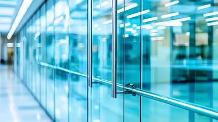 Minimalistic office interior with clear glass doors, enhancing transparency and fostering collaboration in the workspace.
