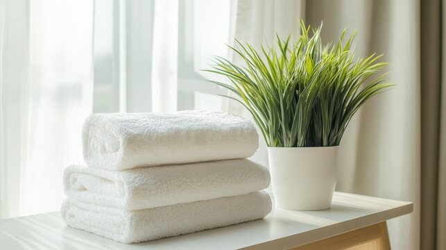 Minimalist workspace with a clean desk, laptop, and potted plant for a productivity tool ad