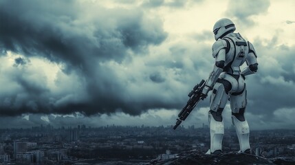 a sci-fi mech facing storm clouds while standing in an offensive stance atop the city ruins and brandishing an assault rifle in one hand. idea of apocalypse. Robotic storm trooper