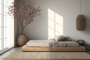 Minimalist Bedroom Interior Design with Wooden Platform Bed and Dried Flowers