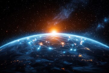 Futuristic Earth with Global Connectivity Bright Network and Cyberpunk Style from Space