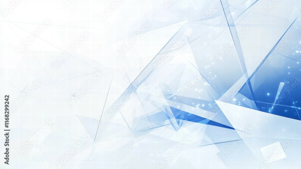 Poster abstract blue and white geometric background with intersecting shapes and soft lighting effects.