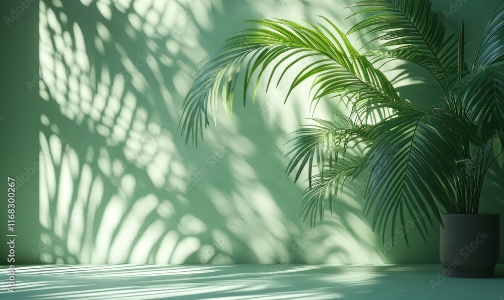 Poster minimalist green backdrop with palm leaf shadows on wall and empty table for product display