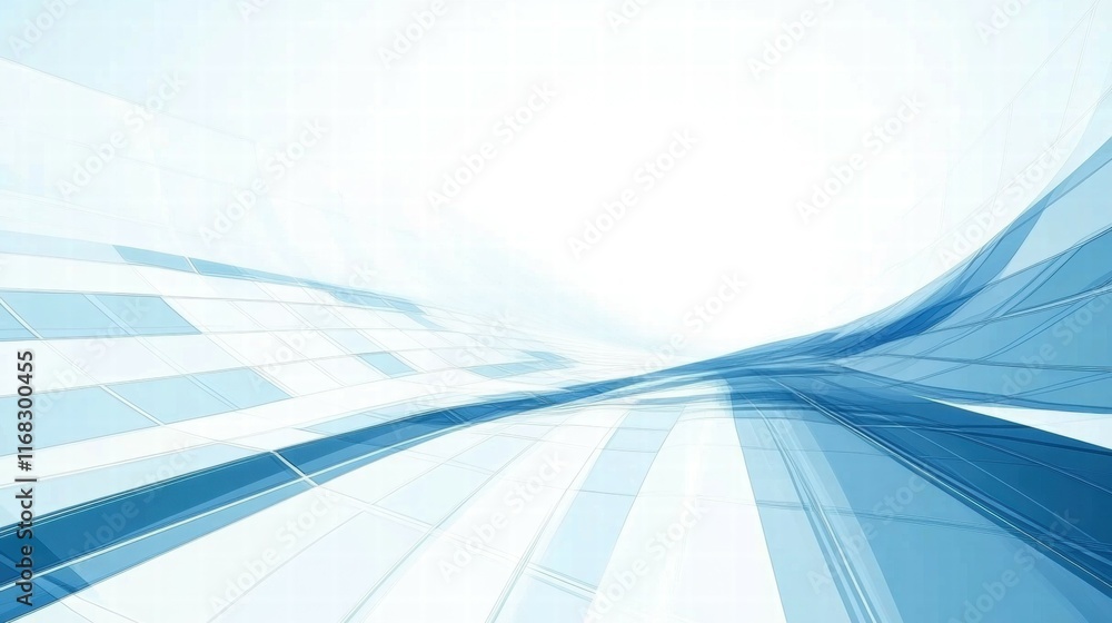 Poster abstract blue and white background with flowing lines and shapes, suggesting motion and depth.
