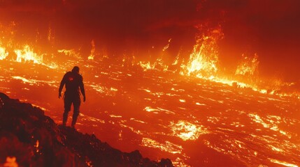 Obraz premium Silhouette of Person Observing a Fiery Lava Flow