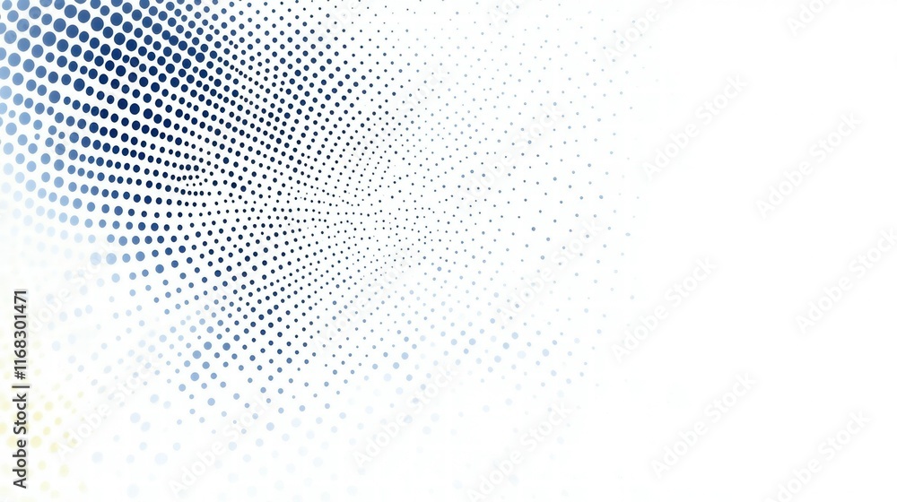 Poster abstract graphic design featuring a gradient of blue dots on a white background.