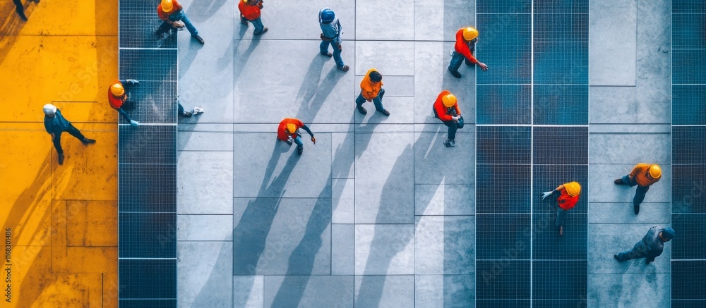 Poster high-angle view of diverse workers in safety helmets walking on a modern building's rooftop.