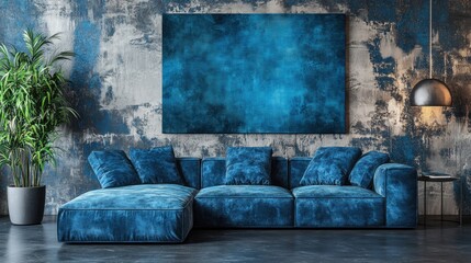 Modern Blue Velvet Sectional Sofa in Industrial Loft Interior