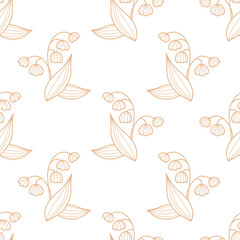 Seamless may Floral Pattern. Elegant Linear lily of the valley flowers on white background. Vector illustration. Hand drawing, outline. Minimal Design for wallpaper, Textiles and Decor
