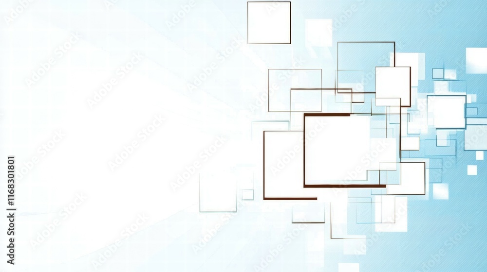 Poster abstract design featuring overlapping squares on a light blue background.