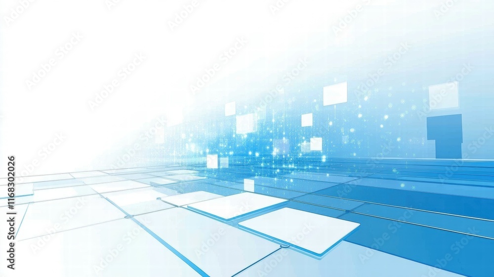 Poster abstract blue digital background with geometric shapes and light effects.