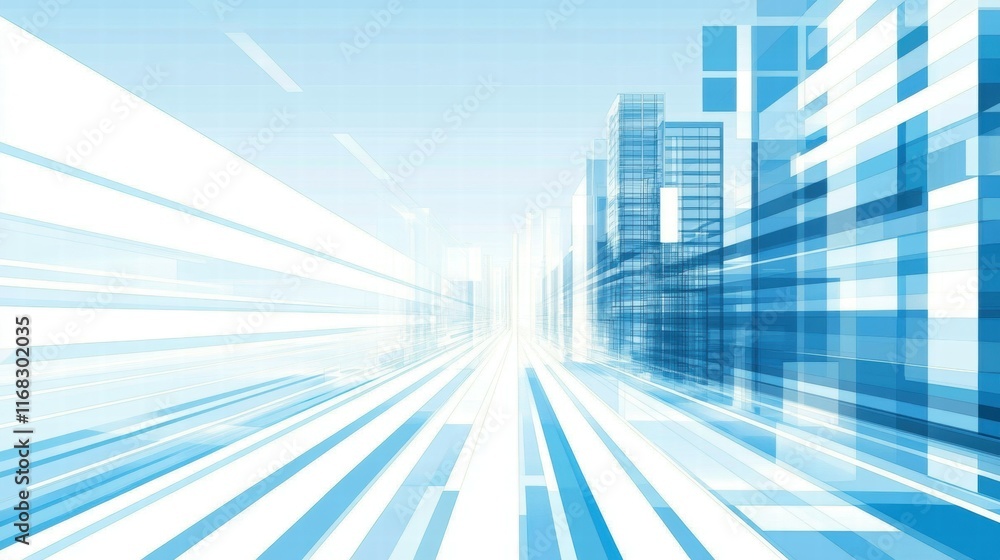 Poster abstract cityscape with blue tones and motion lines, suggesting speed and modernity.