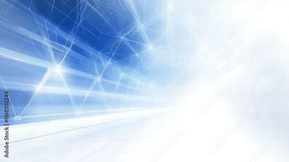 Poster abstract blue and white digital background with light effects and geometric patterns.