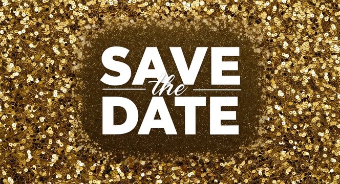 save the date white text lettering on plain black background with gold glitters
