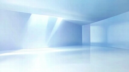 A minimalist, bright blue interior space with soft lighting and reflective surfaces.