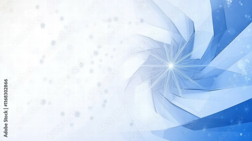 Poster abstract blue and white geometric design with a starburst effect.