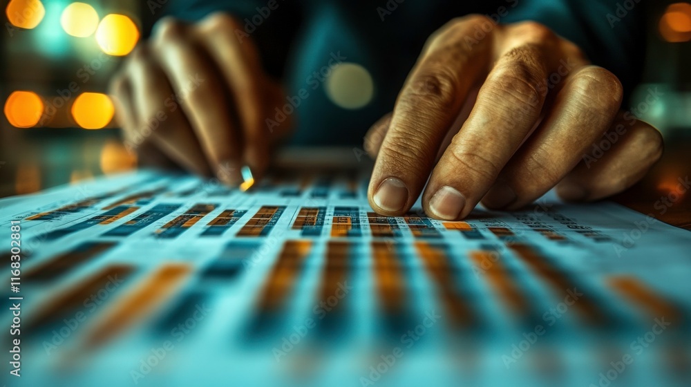 Poster close-up of hands analyzing financial data on a document with warm bokeh background, suitable for bu