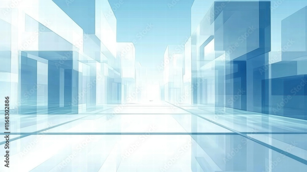 Poster Abstract geometric landscape with translucent structures and a serene blue gradient.