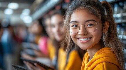 Cheerful young girl in glasses wearing a yellow hoodie smiles at the camera while friends use tablets in a bright modern classroom or study area setting.
