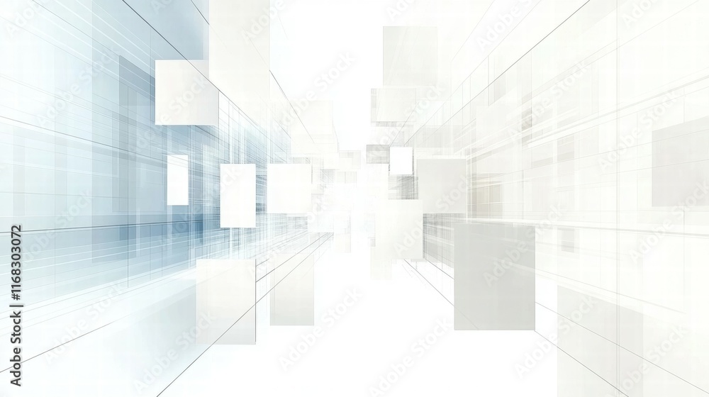 Poster Abstract digital design featuring translucent cubes and lines, conveying depth and motion.