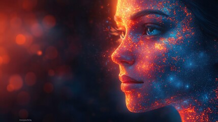 A Mystical Portrait of a Woman Illuminated by Cosmic Particles, Radiating Colors and Light in a Dreamlike Universe, Capturing the Essence of Beauty and Imagination