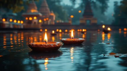 Serene Night: Floating Candles on a Calm Lake at a Temple