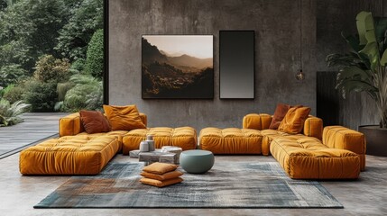 Modern Living Room Interior with Mustard Yellow Modular Sofa and Mountain Landscape Artwork