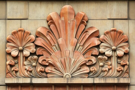 Intricate terracotta floral relief adorns building facade, showcasing Art Deco style.