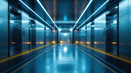 Futuristic Elevator Corridor: Neon Lights and Steel