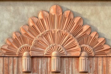 Art Deco architectural detail: three fan-shaped elements with vertical columns flanking, creating a visually stunning design.