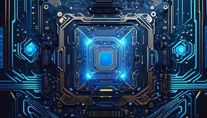 Fototapeta premium a futuristic blue glowing digital technology background, intricate circuit board patterns, abstract data network, copy space, banner for tech