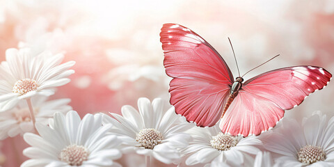 Obraz premium A delicate pink butterfly rests gently on a cluster of pristine white daisies.