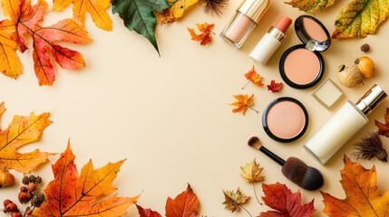 Autumn Makeup Cosmetics Arranged With Colorful Leaves