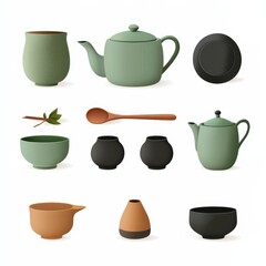 a Japanese tea set, ceremonial elements, vintage engraving style, muted green and brown, isolated on white background
